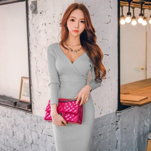 Wenfly Women Knitting Skinny Sweater Dress V-neck Backless Long Sleeve England Knee-Length Autumn Winter Dress Elegant