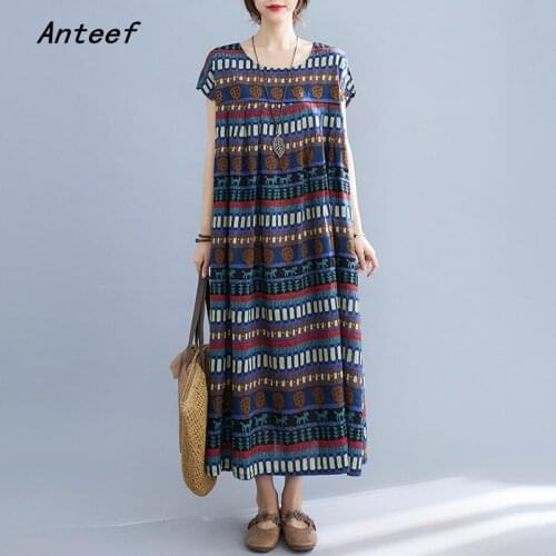 Short sleeve cotton vintage floral dresses for women casual loose long woman summer dress elegant clothes 2021