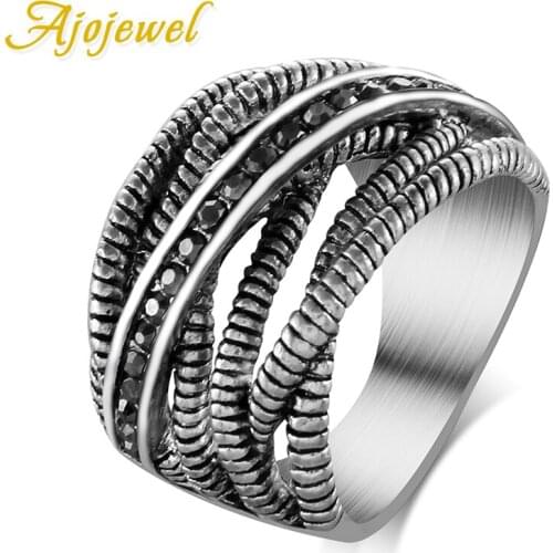 Ajojewel Black Rhinestone Vintage Staggered Rings For Women Silver Color Anniversary Womens Ring Party Jewelry