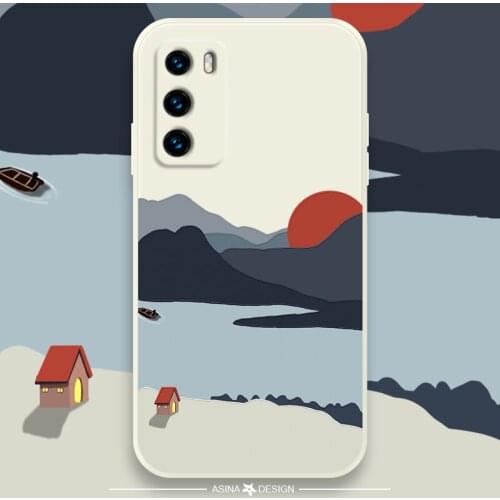 ASINA Liquid Silicone Case For Huawei P40 P50 Pro Cartoon Bumper Straight Edge Cases For P20 P30 Lite P smart 2019 Scenery Capa