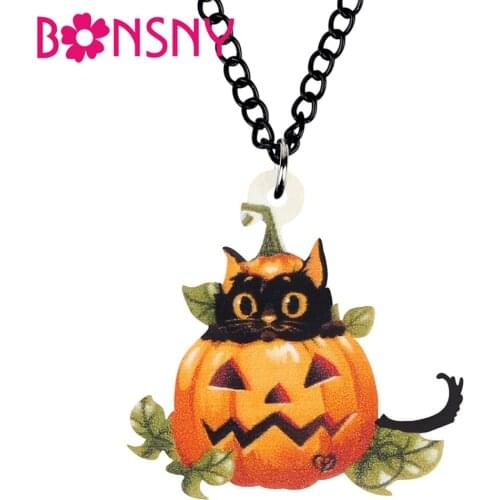Bonsny Acrylic Halloween Pumpkin Head Black Cat Necklace Choker Pendant Anime Animal Pets Jewelry For Women Teens Charms Gift