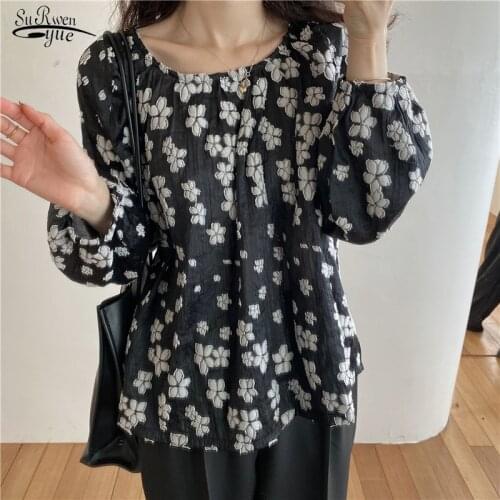 Fall Loose Elegant Sunscreen Top Womens O-Neck Sweet Puff Sleeve Linen Blouse French Embroidery Flower Cotton Shirt Women 16256