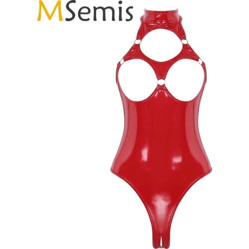 MSemis Women Wetlook Patent Leather Bodysuit Lingerie Halter Neck Hollow Out Nipples Open Back Crotchless Thong Exotic Leotard