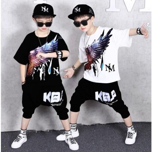 Children Jazz Street Dance Wear For Boys Girls Hiphop Summer Outfits Printed Tops Haren Pants Show Clothes 6 8 10 12 14 Y