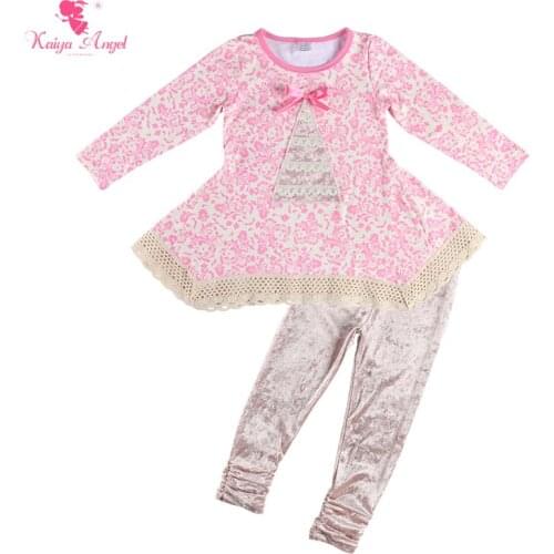 Kaiya Angel Autumn Winter Baby Girls Clothing Sets Floral Long Sleeve T-shirt Tops + Velvet Pants 2pcs Kids Boutique Outfit