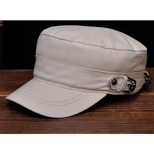 RY111 LUXURY Unisex Flat Topped Navy Genuine Leather Cap For Man Woman Student Leisure Fitted Real Army Hat Trucker Golf Chapeau