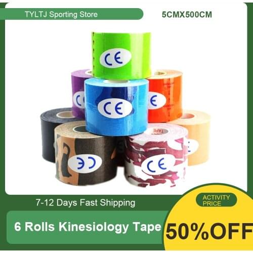 6 Rolls Kinesiology Tape Muscle Bandage Sports Cotton Elastic Adhesive Strain Injury Tape Knee Muscle Relief Stickers 5CMX500CM