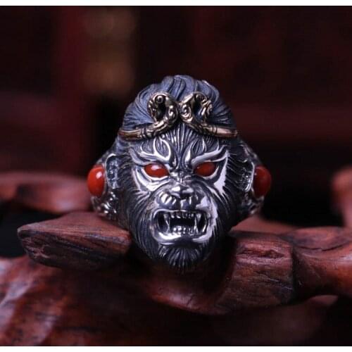 Monkey King fighting over the Buddha ring 925 silver inlaid South red ring