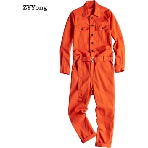 ZYYong Lapel Long Sleeve Orange Red Mens Jumpsuit Hip Hop Casual Loose Multi-Pocket Mens Overalls Comfortable Mens Trousers