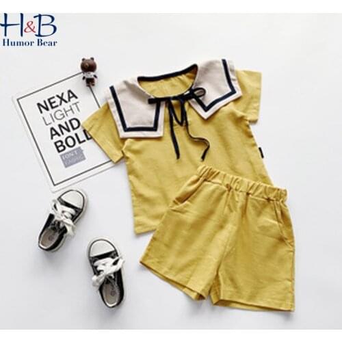 Humor Bear Boy Clothes Set NEW Summer Short Seelve Solid Collar Navy Style T-Shirt+Pants 2Pcs Toddler Kids Clothes