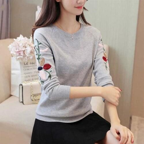 Korean Slim Pullover Sweater Women 2020 Autumn Winter Floral Embroidery Knitted Jumper Female Knitwear Clothes Gray White