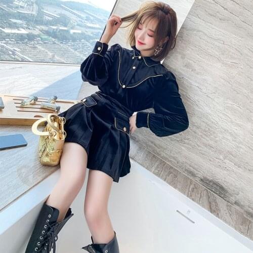 Fashionable OL temperament bright silk and velvet shirt + bag cover A word skirt suits the new female 2020 winter