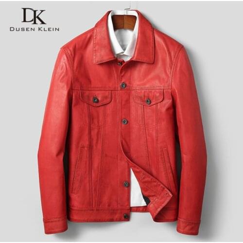 Men Genuine Leather Jacket Real Cow Leather Jackets Casual Short Red Pockets 2020 Autumn New Coat for Man 207