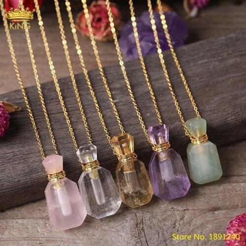Natural Cherry Agates Chalacedony Perfume Bottle Gold Pendant Necklace Women Citrines White Quartz Essential Oil Bottle Jewelry