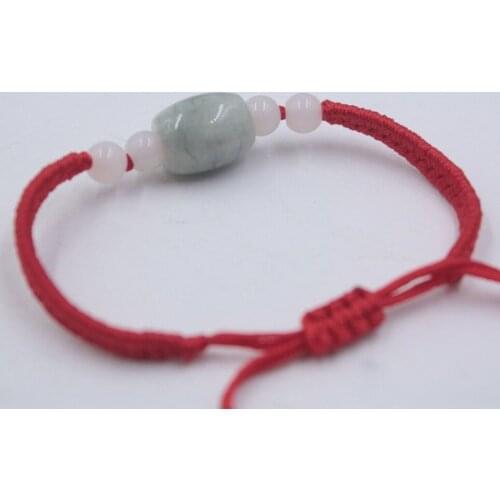 Genuine Natural Green A Jadeite Oval Tube Beads with Red Cord Handmade Bracelet