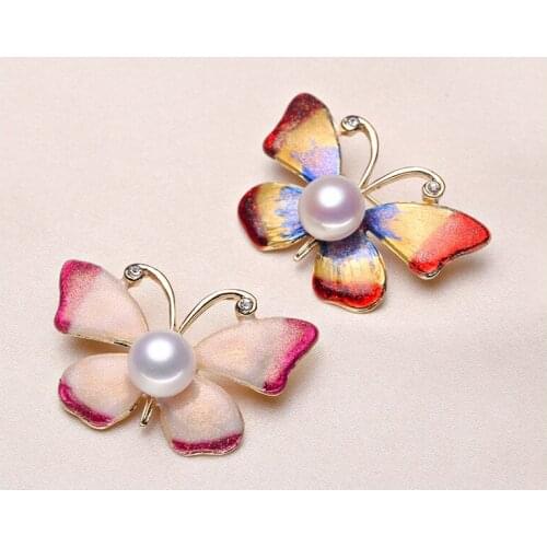 Gold-plated Butterfly Brooch Enamel White Freshwater Real Pearl 10-11mm Women Accessories Cherry Brooches for Women