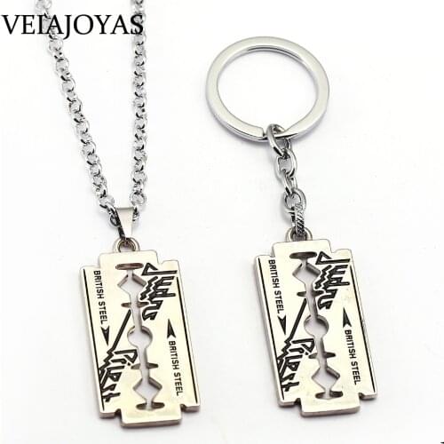 Rock Band Judas Priest Pendant Necklace Razor Blade Shape Keychain Fashion Long Necklaces Friendship Gift Jewelry Accessories