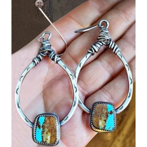 Rongyu Bohemia 925 Antique Jewelry Turquoise Earrings European and American Creative eyelash Handmade Large Water Drop Earrings