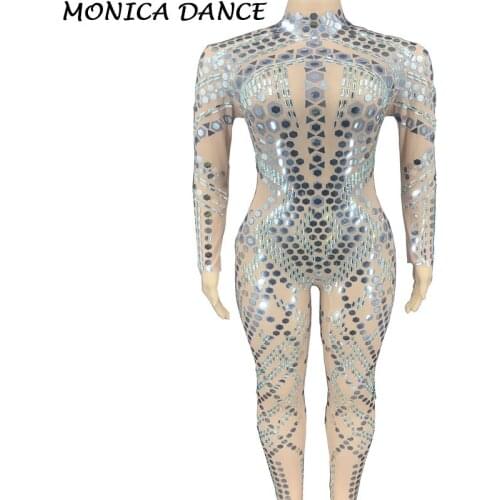 Sexy Net Yarn Jumpsuit Flashing Silver Mirror Rhinestone Transparent Jumpsuit Women Dancer Clothes Birthday Celebrate Bar Wear