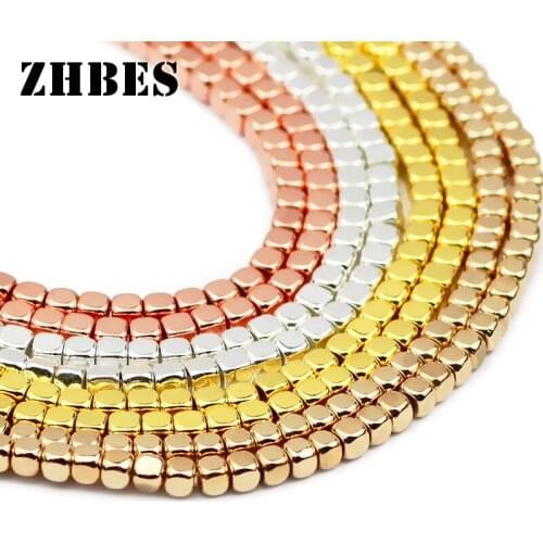 ZHBES 3MM Natural Stone Square cube Hematite Gold Silver Spacers Geometry Loose Beads For DIY Jewelry Making Bracelets Findings