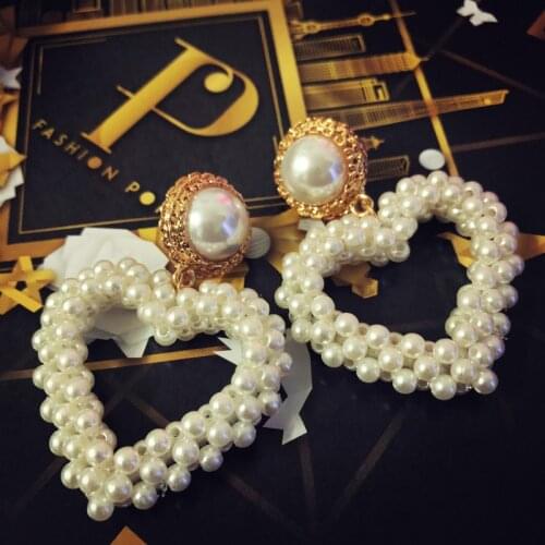 Women korean trendy Handmade Pearls Heart Big Drop pearl Earrings jewelry for party gift