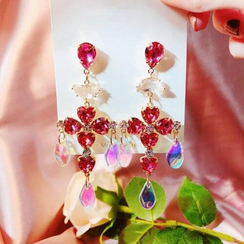 MENGJIQIAO Hot Sale Korean Luxury Red Heart Crystal Long Pendientes Mujer Moda Fashion Acrylic Drop Earrings Party Jewelry