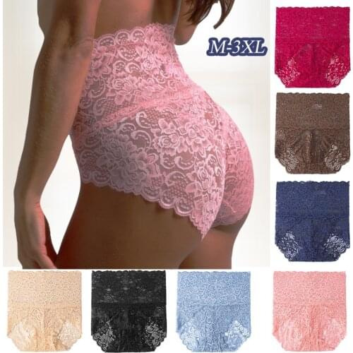 Women Panties Sexy Lace Underwear High Waist Briefs Knickers Mesh Floral Lingerie Female Seamless Briefs Underpants Plus Size