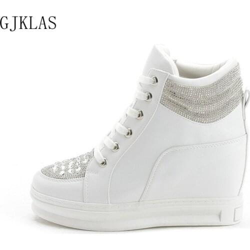 Platform High Tops Womens Shoes Wedges Crystal Black White Sneakers Women Shoes High Heel Casuales Hidden Wedge Sneakers Femme
