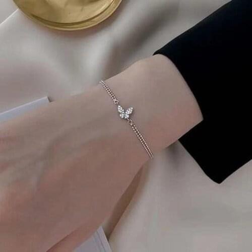 Korean Style Sweet Shining Zircon Butterfly Bracelet for Women Anti-allergic Silver Color Chain Bracelet with S925 Stamp Gift