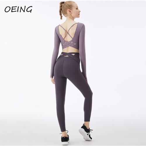 Fitness Yoga Set for Women Workout Long Sleeve Shirts Open Back Seamless Leggings Sets
