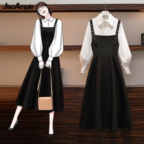 Womens Plus Size Two Pieces Dress Set 2021 Spring Autumn Office Lady Graceful Puff Sleeve Shirt+long Skirts Suit Basic Outfits