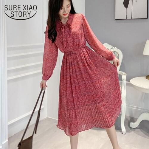 Bow Floral Dress Autumn 2021 New Mid-calf Dress Long Sleeved Chiffon Dresses Elastic Waist Vestidos Elegant Dresses 7152 50