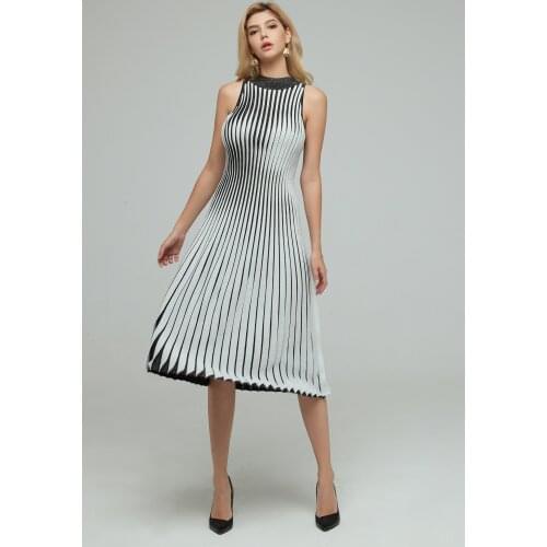 Lastest Jacquard White Sleeveless Pleated A Line Midi Rayon Bandage Dress Women Party Dress