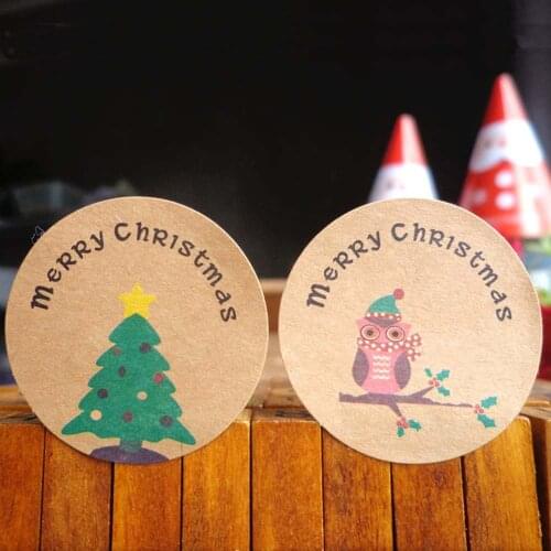 120Pcs Merry Christmas Tree Owl Handmade Cake Packaging Sealing Label Kraft Sticker Baking DIY Gift Stickers