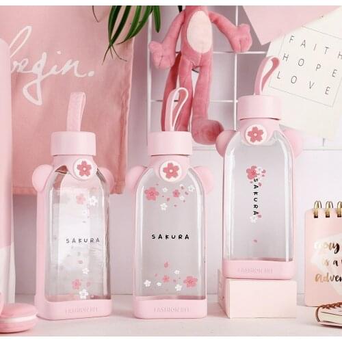 300ml Glass Water Bottle Cherry Blossom Pattern Transparent Creative Fresh Cute Girl Heart Portable Sports Outdoor Cup