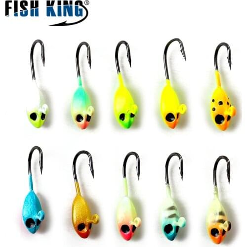 FISHING KING 5/10Pcs Ice Fishing Hooks Barbed With 3D EYES 1.1g 1.2g 1.4g 1.6g 1.7g Winter Hook For Fishing