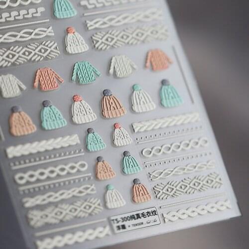 5D Winter Knit Sweater Cloth Pattern Nails Decal Engraved Embossed Nail Art Adhesive Decals For New Year Valentines Gift