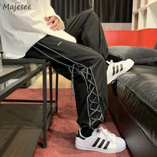 Fashion Casual Pants Men Reflective Bandage Elastic Waist High Street Loose Wide Leg Trousers Hip Hop European Style Students