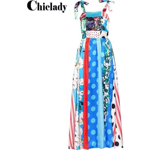 CHICLADY blue flower polka dot patchwork designer summer maxi spaghetti strap beach boho plus size lace up dresses casual women