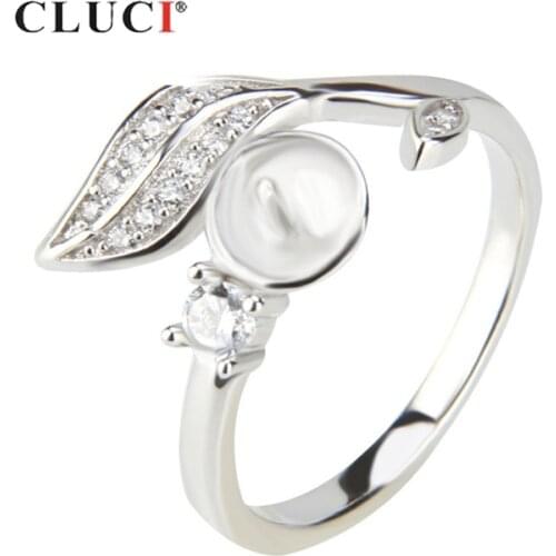 CLUCI Silver 925 Leaf Shaped Zircon Rings Jewelry Brand Pearl Ring Mounting 925 Sterling Silver Rings for Women Gift SR1055SB