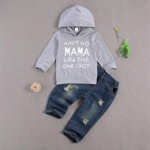2 Pieces Kids Suit Set, Boys Letter Print Long Sleeve Hooded Pullover+ Ripped Jeans, Gray/Black