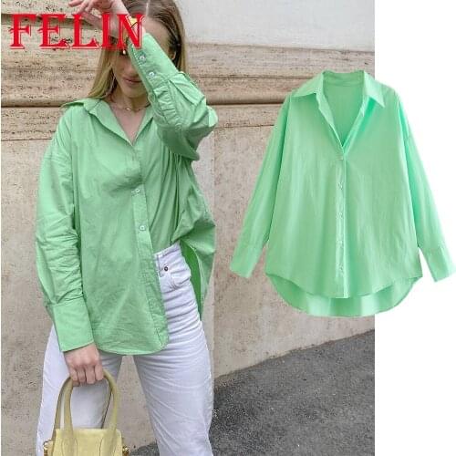FELIN Za 2021 100% Soft Cotton Green Shirts Women Oversized Long V Neck Shirts Single Button Streetwear Blouses Chic Mujer Tops