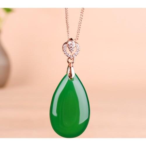 Chinese Natural Jade Chalcedony Hand-carved Dripping Jade Pendant Fashion Boutique Jewelry 925 Silver Inlaid Lady Necklace