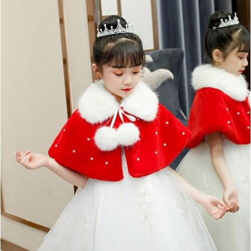 Red Girls warm Wrap Shawl Bolero furry Pompoms lace-up Jacket Thick Winter Cape Children Wedding Accessories