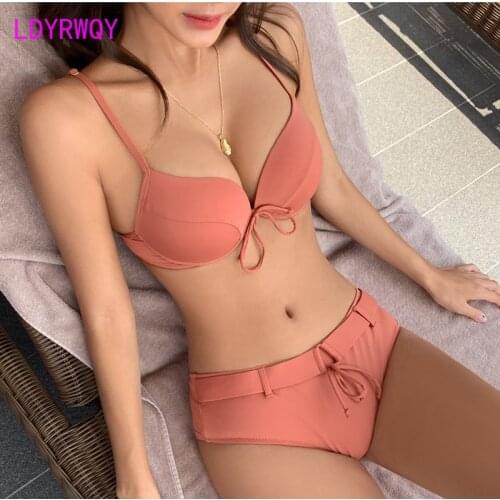 LDYRWQY 2021 new European and American split sexy bikini swimsuit pink strappy swimsuit 2-piece set