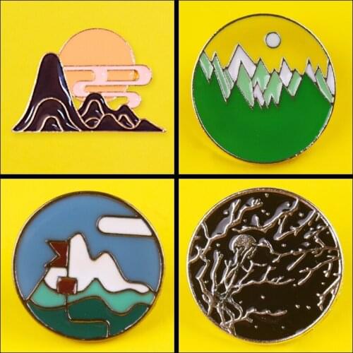 Mountains Metal Badges On a Backpack Van Gogh Badges Jeans Shirt Handbag Wilderness Pins Rock Badges on Clothes DIY Badges