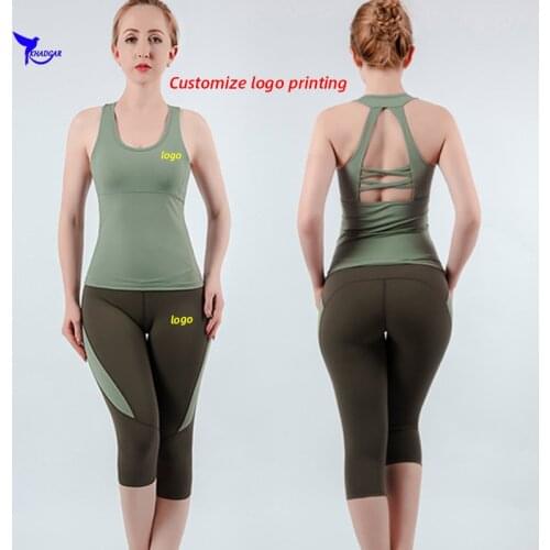 Padded Tank Top+Capris Pants 2PCS Yoga Running Set Quick Dry Elastic Sportswear Sport Suit Gym Fitness Exercise Clothes Custom