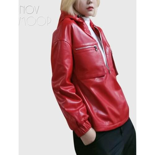 Novmoop genuine leather women hooded sheepskin jacket adjustable hem size casual sports style Chaqueta de cuero LT3408