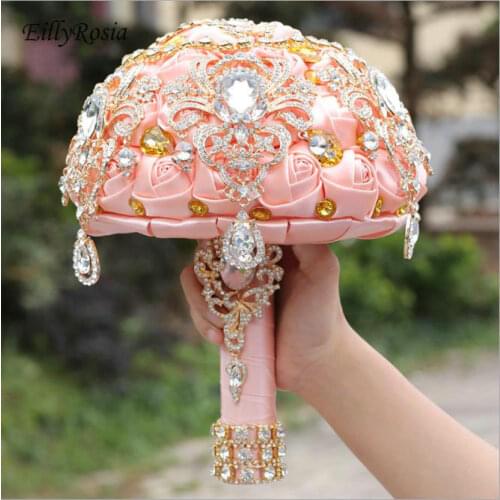 Peach Pink Brooch Bouquet for Bride Satin Roses Silk Flowers Artificial Luxury Jewelry Sparkly Wedding Bouquet Bridesmaid