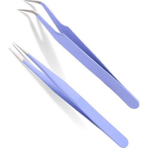 2PC Colorful Makeup Eyelashes Tweezers Set Stainless Steel Eyelash Extension Tweezer Straight Curved Nail Clips Beauty Kit Tools